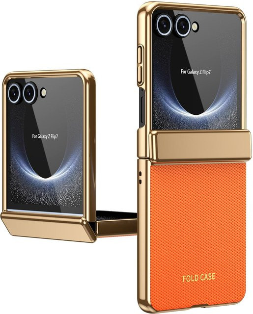 Samsung Galaxy Z Flip6 5G Flip Hülle mit gehärteter Folie und galvanisiertem Rahmen in Orange im Lederdesign - Bild 1