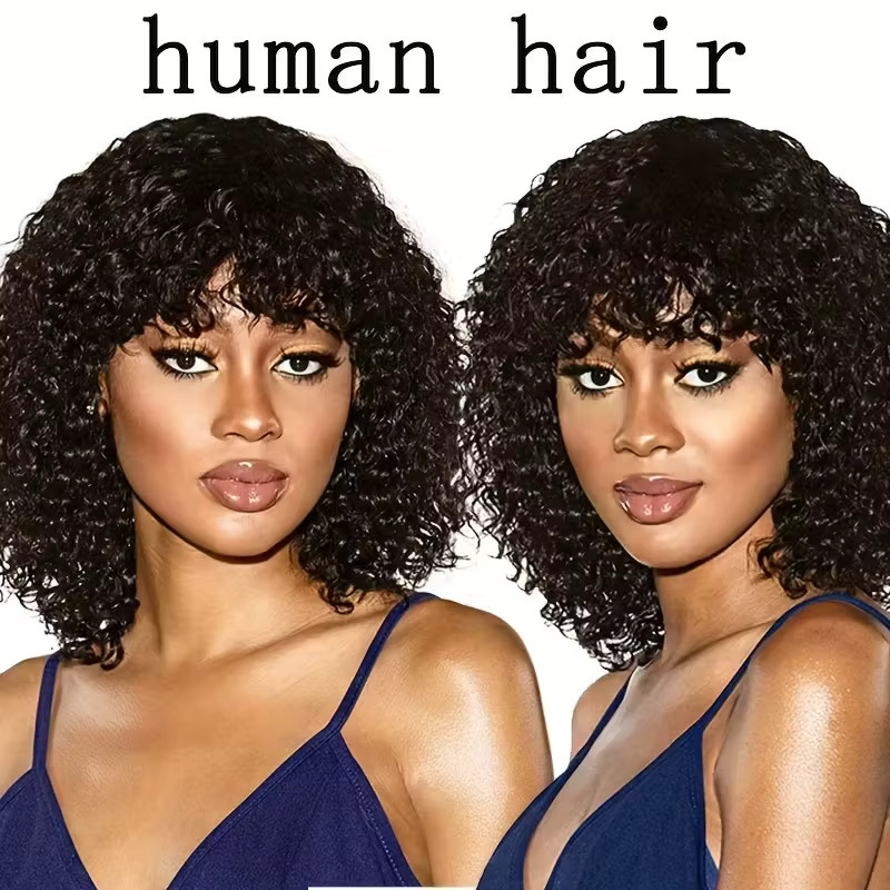 OYM HAIR Jerry Curl Echthaar-Bob-Perücke mit Pony, Schwarz, Damen - Bild 3