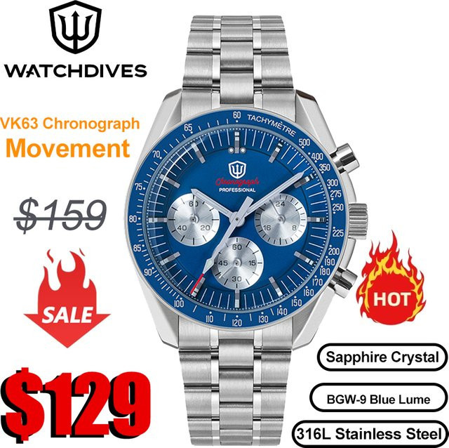 Watchdives Chronograph, Quarz, Edelstahl, Blau, Saphirglas, 39 mm, Unisex - Bild 1
