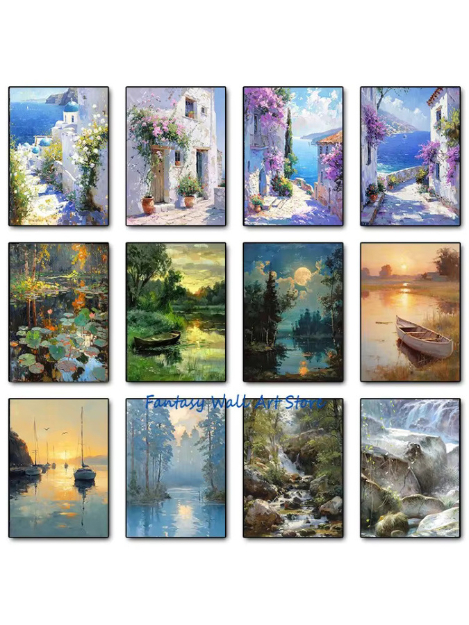 Potdemiel Leinwand Wandbild Mittelmeer Landschaft mit Lotusblüten und Fluss in Mehrfarbig - Bild 3