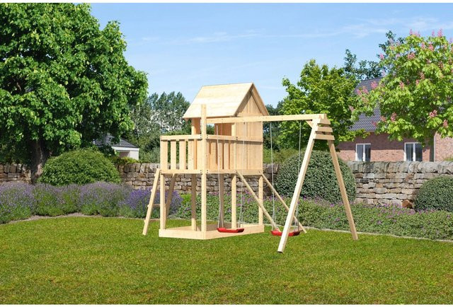 Karibu Stelzenhaus Frieda aus Fichte mit Doppelschaukel, Netzrampe, Holzleiter und Sandkasten in Braun - Bild 1
