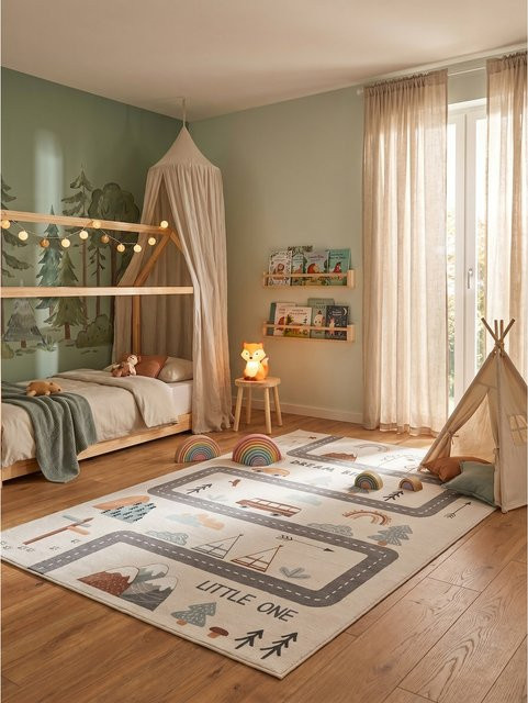 Kadima Design Kinderteppich Straßenkarte Abenteuer in Creme und Multicolour, B/T: 140 x 200 cm, Waschbar - Bild 1
