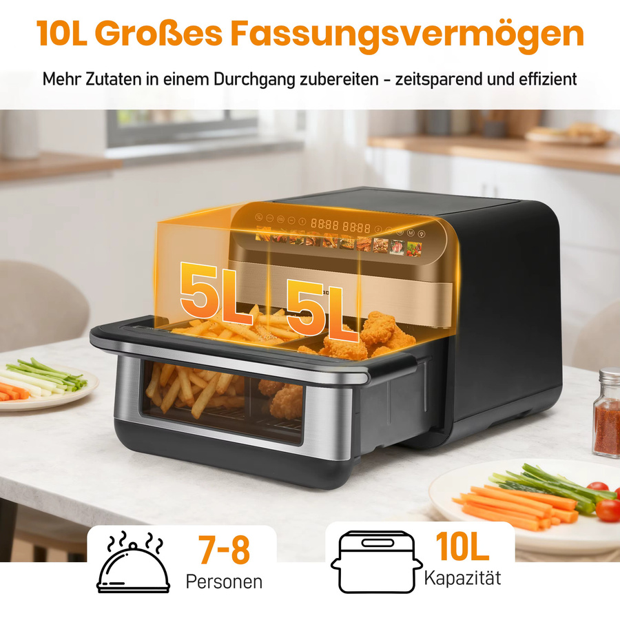Sinaopus Fettfreie Doppelkorb-Heißluftfritteuse XXL mit LED-Touch-Fenster und Digitaldisplay, Schwarz, 10 l - Bild 3