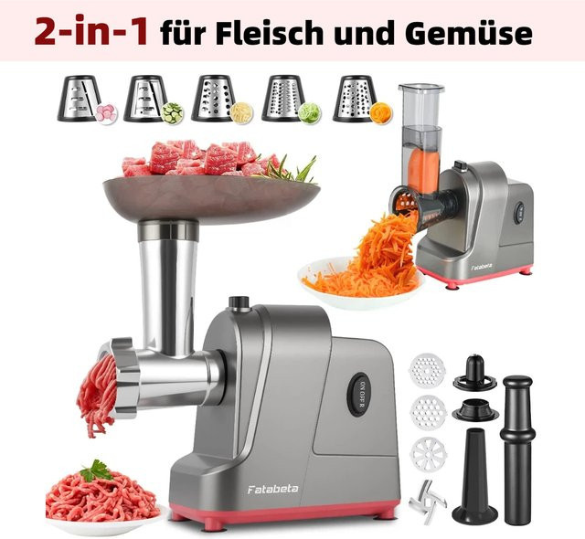 Fatabeta 2-in-1 Elektrische Fleisch- und Gemüsemühle mit Wurstfüller und 15 Zubehörteilen aus Edelstahl in Silber - Bild 1