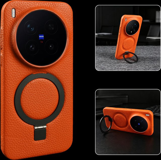 Echtlederhülle mit magnetischem Halterungsring für Vivo X300 Pro FE Ultra X200 Pro mini X300S X200S X100S V50 Lite in Rot und Orange - Bild 1