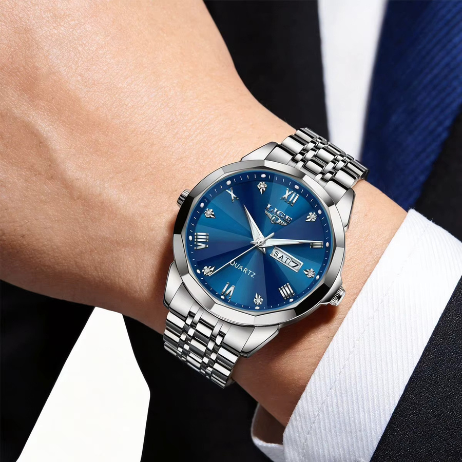 LEGE Armbanduhr Herren, Quarz, Edelstahl, Blau, Silber, Wasserdicht - Bild 6