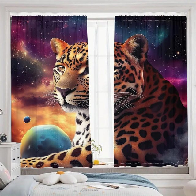 2er-Set Leopard Tier Vorhänge mit 3D-Design in Mehrfarbig, halbtransparent für Schlafzimmer und Wohnzimmer, Breite: 50 cm, Höhe: 130 cm - Bild 1