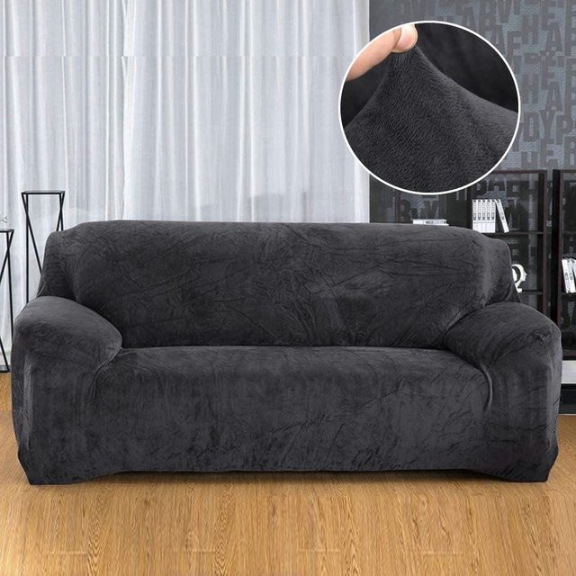 Stretch-Samt-Sofaüberzug für 1 Sitzer von Your Warm Home, elastischer Couchbezug aus Plüsch in Dunkelgrau, Breite: 90-140 cm - Bild 1