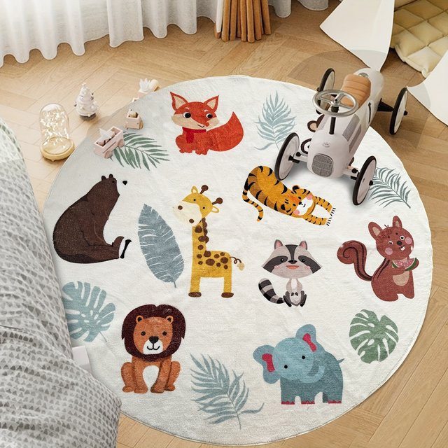Waschbare runde Bodenmatte mit Cartoon-Tier-Design aus Polyester für Kinderzimmer und Schlafzimmer, Mehrfarbig - Bild 1