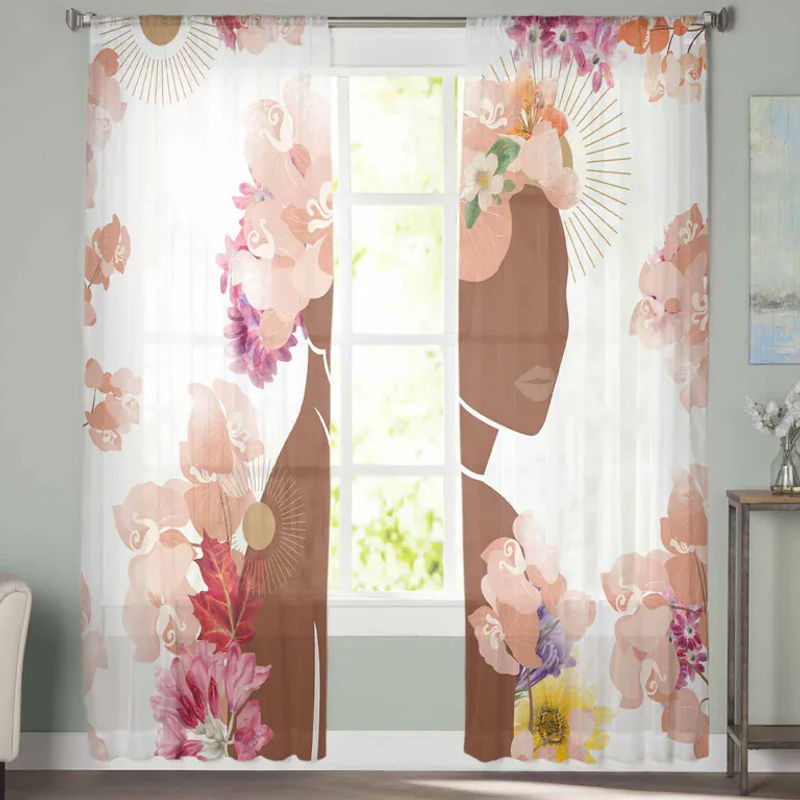 Super Six Chiffon-Fenstervorhang im Boho-Stil mit floralem Blumenmuster, Farbe: Weiß, Breite: 135 cm, Höhe: 114 cm - Bild 5