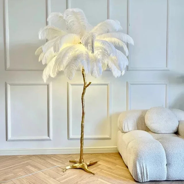 YANKE LED-Feder-Stehlampe im nordischen Stil aus Metall und Stoff in Weiß und Gold/Messing - Bild 1