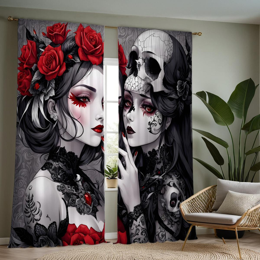 2er-Set Ghost Red Eye Skull Dekovorhang mit schwarzer Krawatte, digital bedruckt, Farbe: Schwarz, B: 132 cm, H: 160 cm - Bild 4