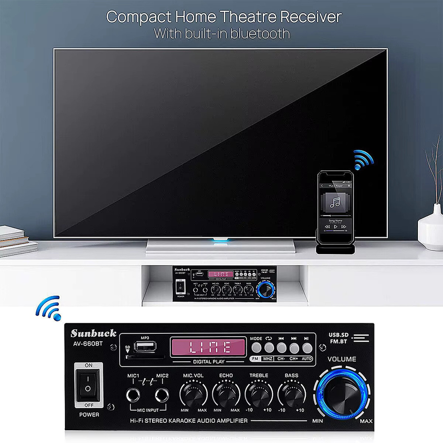 SUNBUCK AV-660BT 2.1 Soundverstärker in Schwarz mit EQ, FM, USB, SD-Karte und 2 Mikrofoneingängen - Bild 4