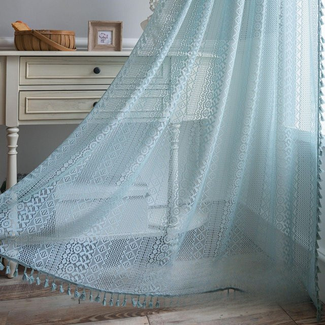Warm Magpie Home Brokat Vorhang aus Baumwolle mit Quasten und floralem Muster in Blau, Breite: 150 cm, Höhe: 220 cm - Bild 1