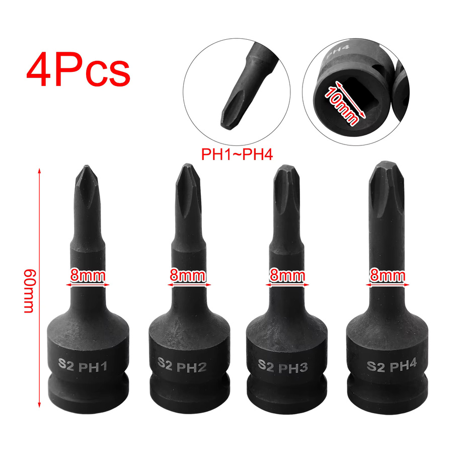 Vibratite 4er Set Kreuzschraubendreher Bit Buchse Adapter PH1 PH2 PH3 PH4 für 3/8 Zoll Quadratkopf in Schwarz - Bild 2