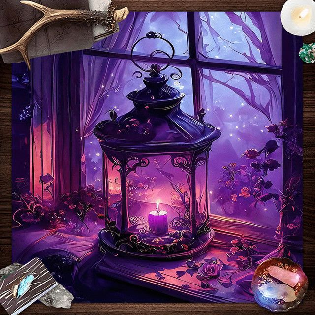VIKAMA Tischdecke Secret Realm Tarot Design in Lila mit Glyzinien und Glühwürmchen zur Dekoration von Schlafzimmer oder Arbeitszimmer - Bild 1