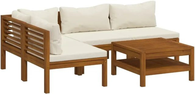vidaXL 5-teiliges Garten-Lounge-Set aus massivem Akazienholz mit Creme Kissen - Bild 1