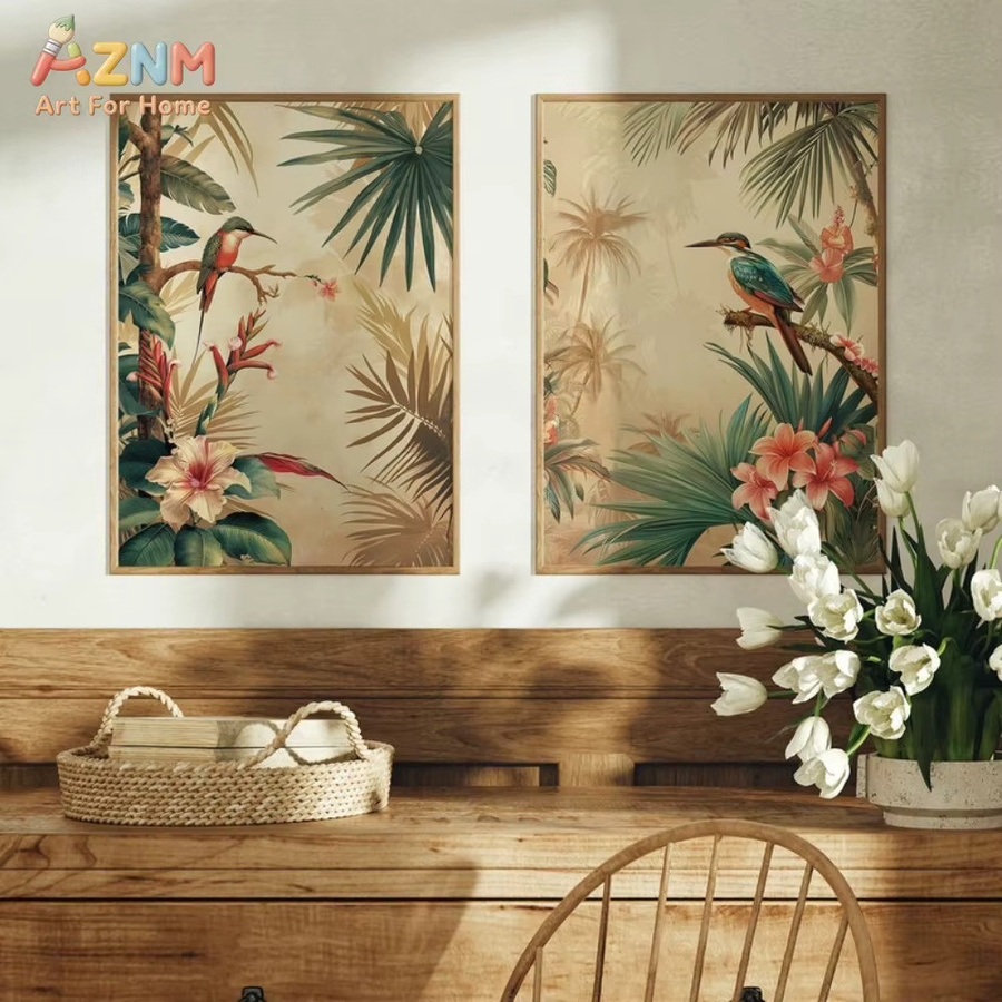 AZNM Vintage Leinwanddruck Eisvogel mit tropischen Pflanzen und floralen Elementen, ungerahmt, Mehrfarbig - Bild 3