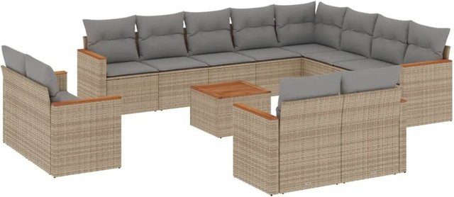 vidaXL 13-tlg. Garten-Sofagarnitur in L-Form aus Poly-Rattan und Akazienholz mit Kissen, Beige - Bild 1