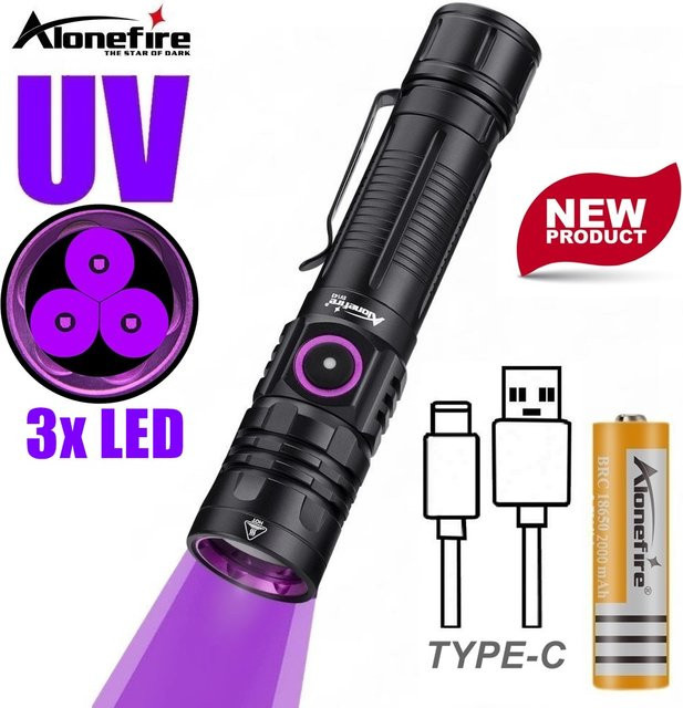 Alonefire UV-LED-Taschenlampe Schwarzlicht 365nm/395nm USB-aufladbar in Schwarz - Bild 1