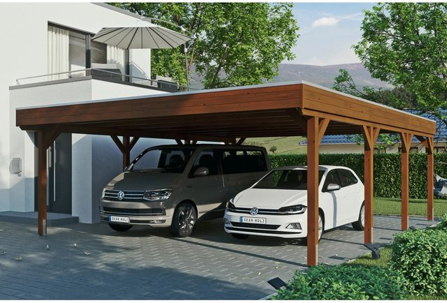 Skan Holz Carport Grunewald aus Fichte mit EPDM-Dach in Nussbaum Braun, B: 622 cm, T: 796 cm, H: 255 cm - Bild 1
