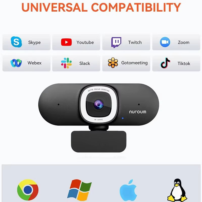 NUROUM V32AFL 4K UHD Webcam mit Mikrofon, Autofokus, Auto-Framing und Ringlicht in Schwarz für PC, Laptop und Desktop via USB - Bild 7