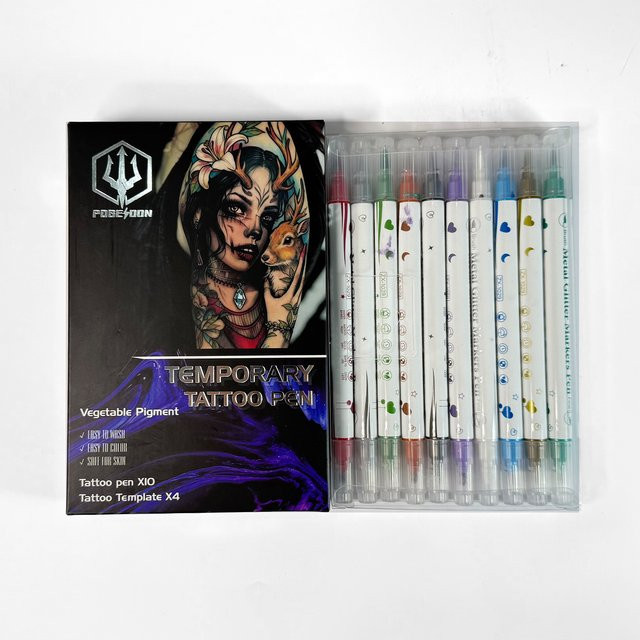 POSEIDON Tattoo-Malstift-Set mit 10 Malstiften und 4 Tattoo-Schablonen in Multicolour - Bild 1