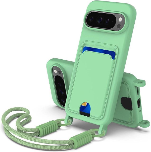 Stoßfeste Google Handyhülle aus weichem Flüssigsilikon mit Lanyard und Kartenhalter für Google Pixel 10 Pro XL und Google Pixel 9 Pro XL, Farbe: Grün - Bild 1