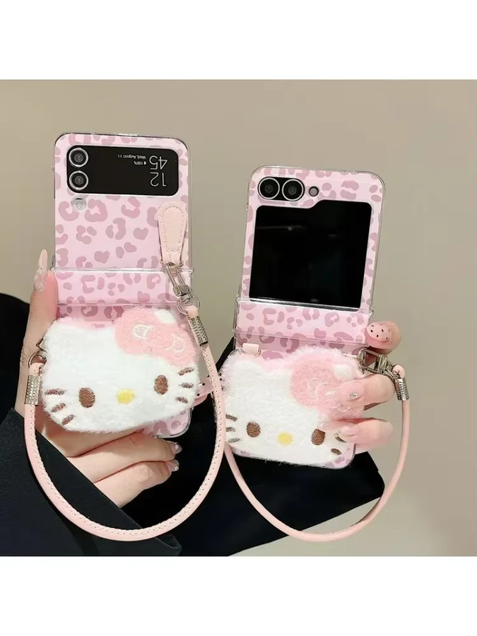 Plüsch Handyhülle mit Umhängeband für Samsung Galaxy Z Flip 6 5 4 3 in Pink mit Sanrio Hello Kitty Cartoon und Leopardenmuster - Bild 4