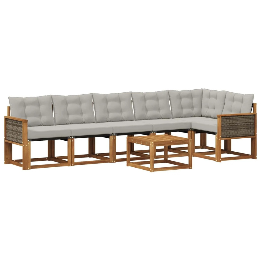 vidaXL Outdoor-Sofagarnitur L-Form aus Akazienholz mit Textilene und Kissen, 7-teilig, Braun und Hellgrau - Bild 2