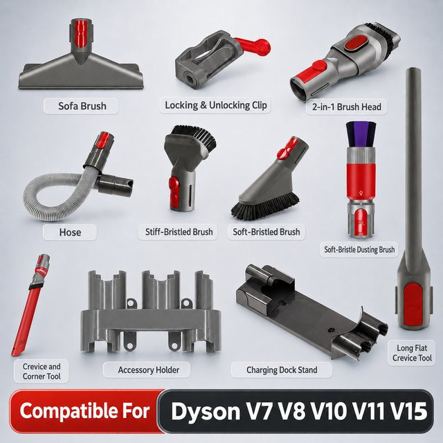 OSSIEAO 11-teiliges Staubsauger-Aufsatzset in Grau, kompatibel mit Dyson V7 V8 V10 V11 V15, inklusive Fugendüse, Bürste, Schlauch, Halter und Dock - Bild 1