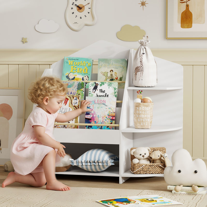 AIYAPLAY Kinderregal aus Kiefernholz mit 4 offenen Fächern und 3 Ablagen, Montessori Spielzeugregal und Bücherregal für das Kinderzimmer, Farbe: Weiß, B: 80 cm, T: 30 cm, H: 79,7 cm - Bild 2
