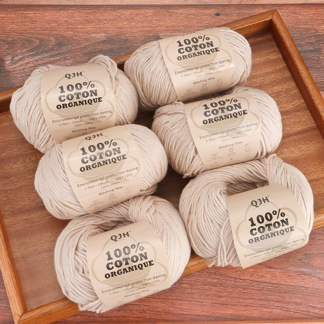 QJH Baumwollgarn aus 100 % Baumwolle in Beige, weiches Sommergarn für Amigurumi, Häkeln und Stricken, 6 Stück - Bild 1