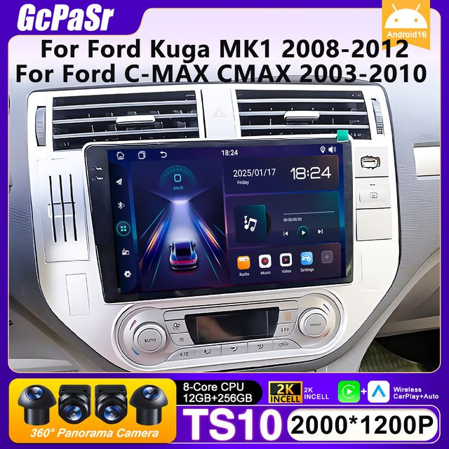 FengShiDa Android Auto Radio mit GPS und CarPlay für Ford Kuga MK1 2008-2012 und Ford C-MAX 2003-2010 in Schwarz - Bild 1