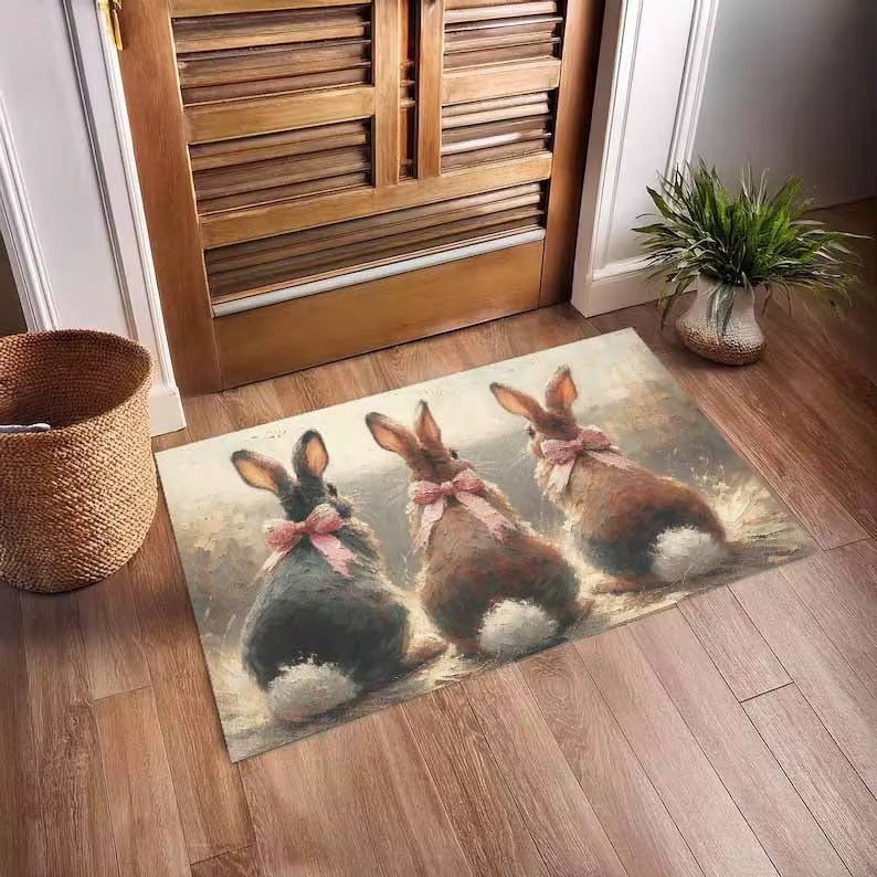 Rutschfeste Fußmatte mit Hasenmuster und rosa Schleife in Mehrfarbig, B/T: 60 x 40 cm - Bild 2