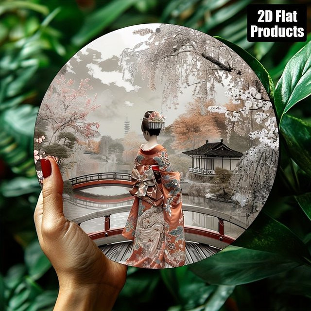 Potdemiel Vintage Japanische Kimono-Frau Wandkunst aus Metall, Rundes Metallschild mit traditioneller asiatischer Szene und Blumenmuster, Durchmesser: 20,3 cm, Mehrfarbig - Bild 1