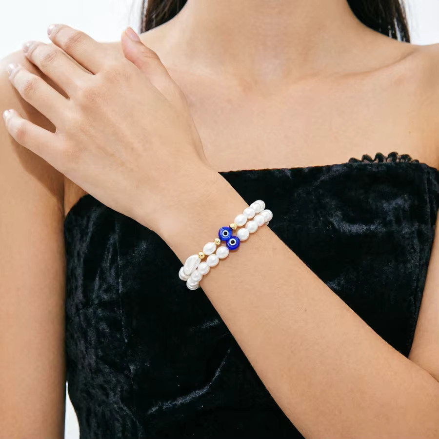 Noter Armband-Set 2-teilig, Imitationsperlen, Herz und Böses Auge, Damen, Weiß - Bild 1