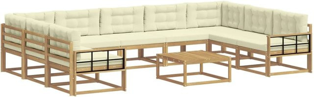 vidaXL Outdoor-Sofagarnitur in U-Form aus Akazienholz mit 10 Kissen in Weiß, Beige und Braun - Bild 1