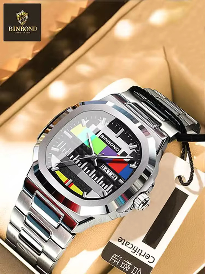 BINBOND Armbanduhr Quarz, Edelstahl, Schwarz, Eckig, Herren - Bild 4