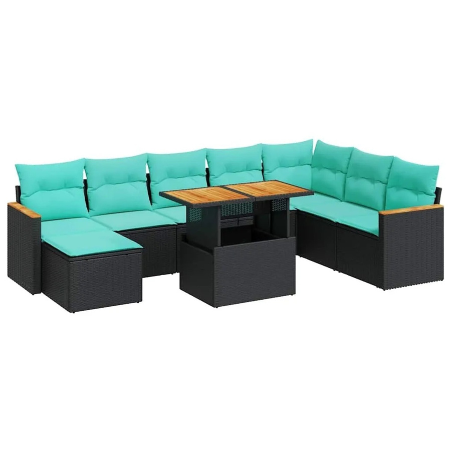 vidaXL 9-teilige Garten-Sofagarnitur aus Poly-Rattan und Akazienholz in Schwarz mit Kissen - Bild 2