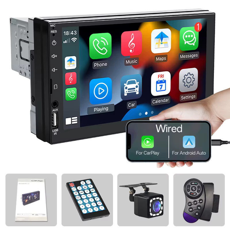 Sinovcle 1 DIN Autoradio Multimedia-MP5-Player mit 7 Zoll Touchscreen, Carplay und Android Auto, Schwarz, AUX/FM/USB/TF, 12V Universal - Bild 7