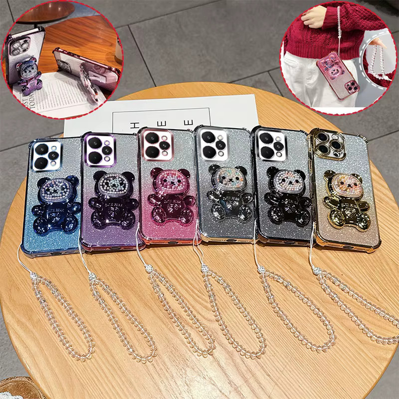Stoßfeste Handyhülle für Realme P4 Power 5G mit Bärenständer, Kristallkette und Glitzer in Transparent Pink - Bild 2