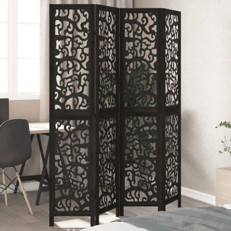 4-tlg. Paravent vidaxl aus Massivholz und Metall in Schwarz mit abstraktem Design, freistehend - Bild 1