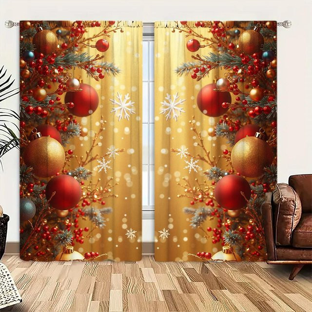 2er-Set Weihnachtskugel Vorhang mit Print für die Weihnachtsdekoration, Braun, B: 52,5 cm, H: 116 cm - Bild 1