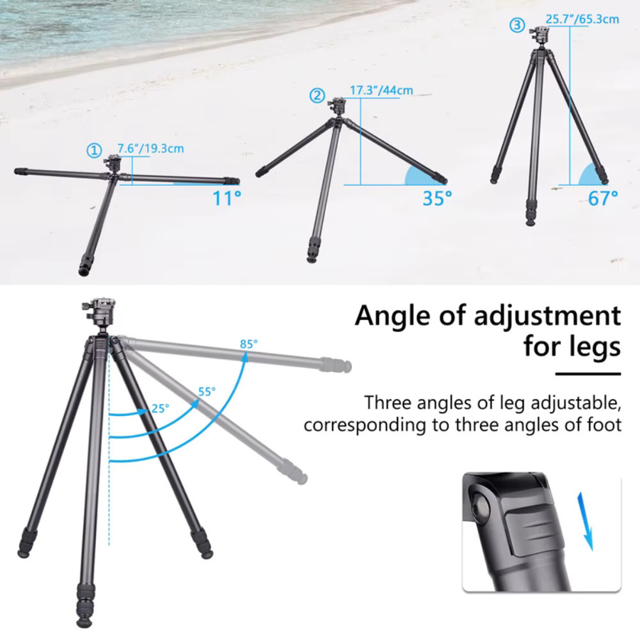 VICELK HT-06 Professionelles Fotostativ aus Aluminiumlegierung in Schwarz mit Ballkopf und 2-in-1 Picatinny-zu-Arca-Swiss-Adapter, Höhe: 155 cm - Bild 6