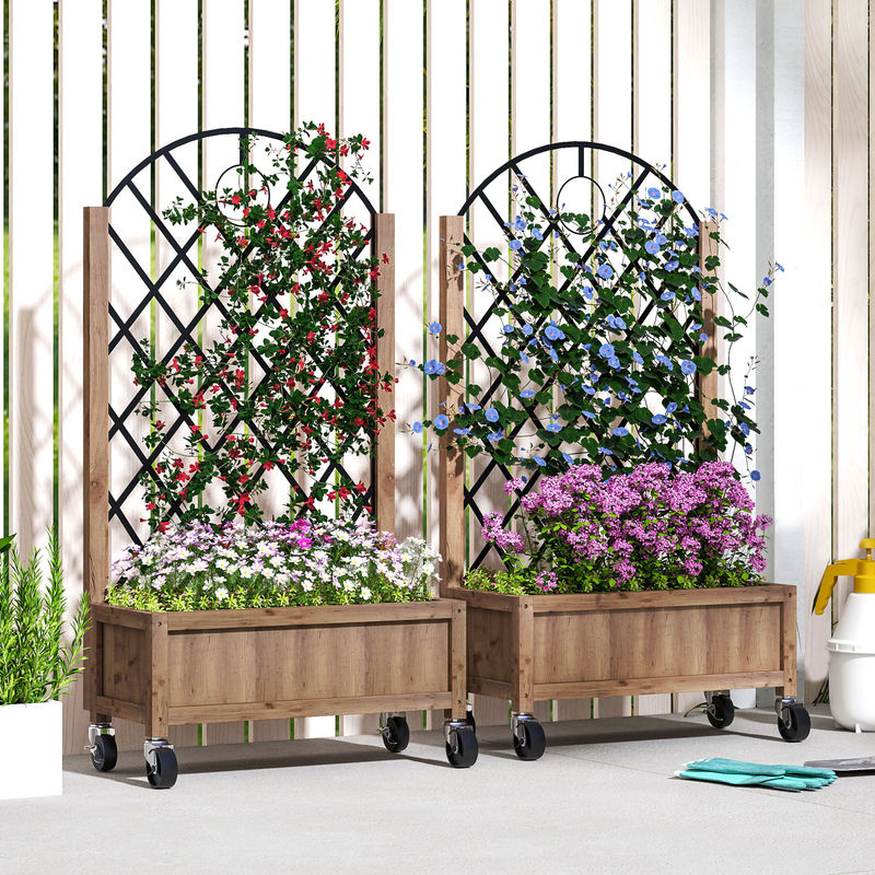 Outsunny 2er Set Hochbeet aus Holz mit Rollen und Rankgitter in Braun, B/H/L: 52 x 25 x 97 cm - Bild 2