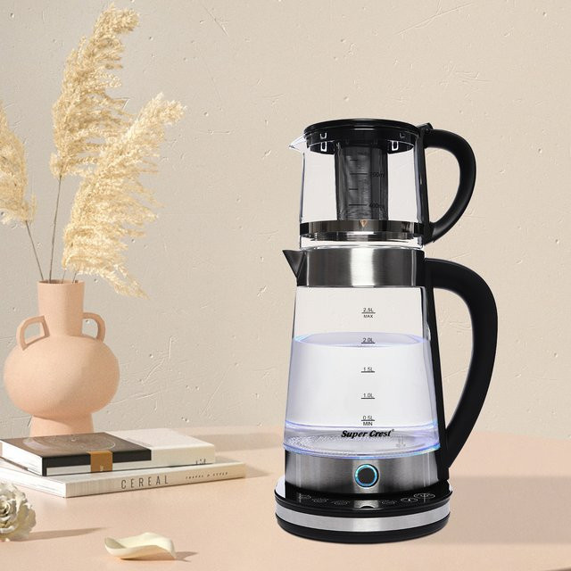 Bymaocar 2-in-1 Elektrisches Wasserkocher-Set mit Temperaturregelung und LCD-Display aus Edelstahl und Glas, 1500W, Silber/Schwarz/Transparent, 2,5 l und 1 l Fassungsvermögen - Bild 1