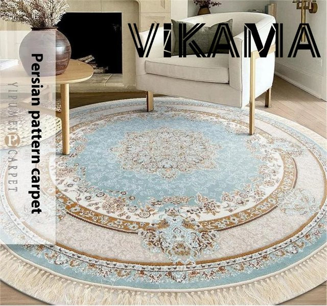 VIKAMA Türkischer Teppich mit Quasten in Blau, runder Orientteppich aus Polyester für Wohnzimmer, Schlafzimmer und Büro - Bild 1