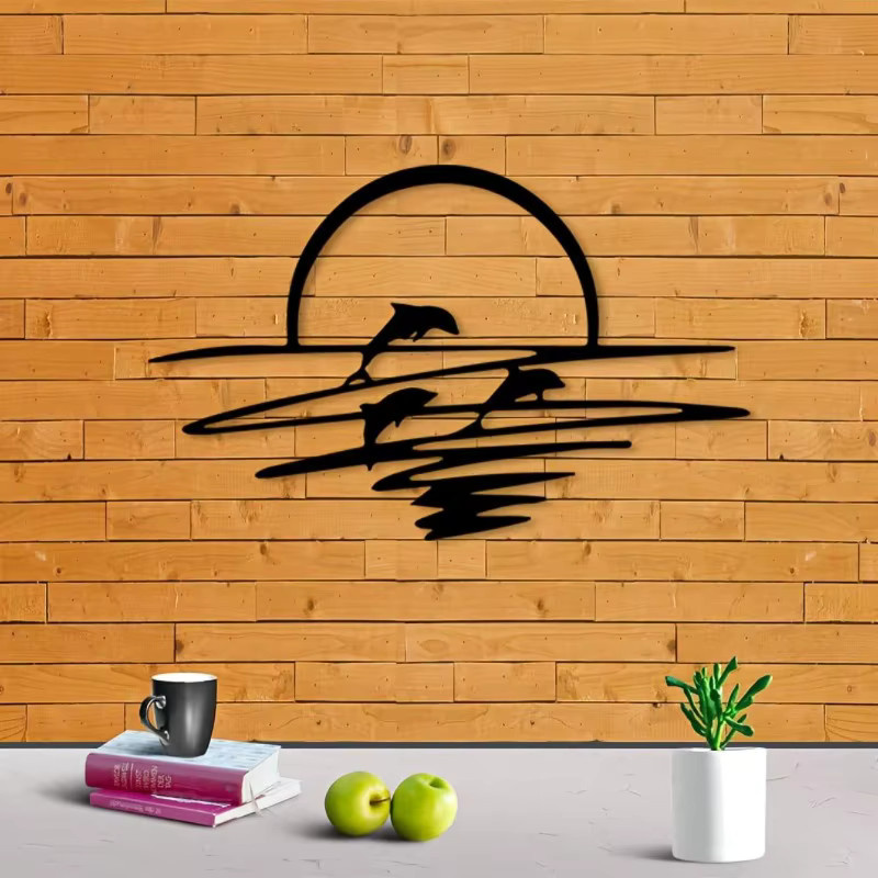 CIFBUY Nautische Metall-Wandkunst Sonnen-Delfin in Schwarz als maritimes Ozean-Dekor - Bild 2