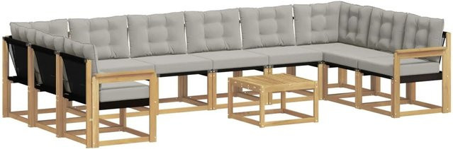 vidaXL Outdoor-Sofagarnitur in L-Form aus Akazienholz mit 11 Textilene-Kissen in Weiß und Hellgrau - Bild 1